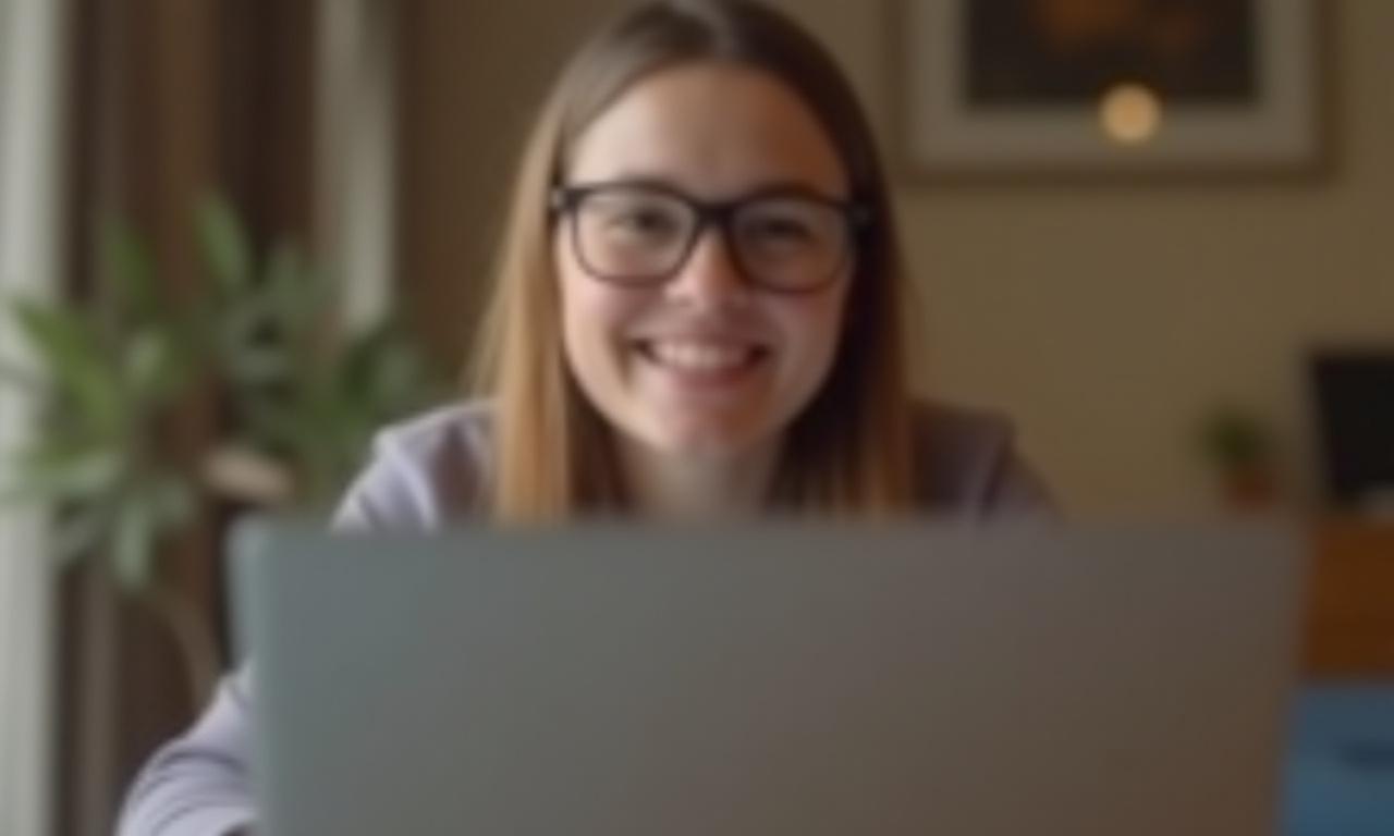A friendly online English tutor smiling during a video lesson with a laptop