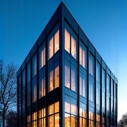 Modern building exterior captured at dusk.